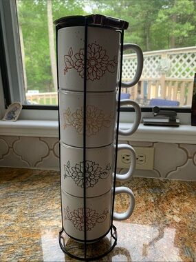 Sheffield Home White Stacked Floral Mugs Set with Metal Stand